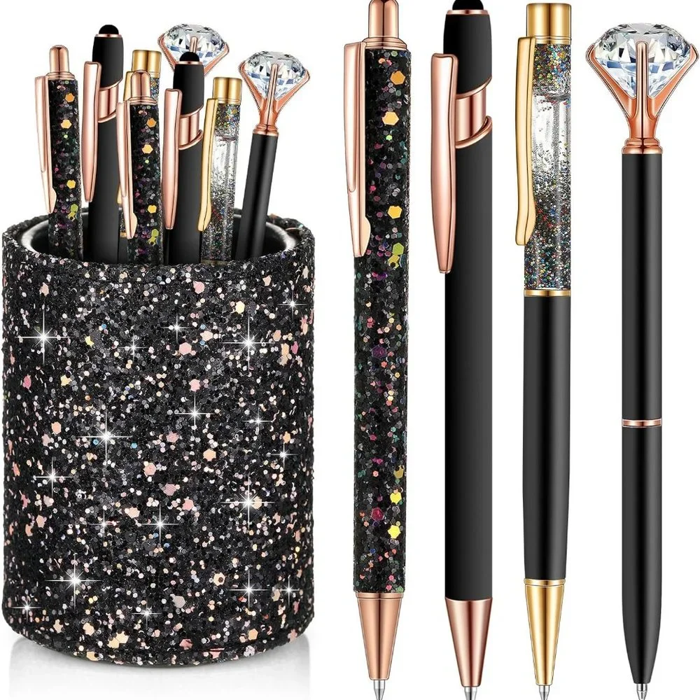 NWT Sparkling Bling Glitter Cup With 8 Ballpoint Pen Set Desk Set + FREE Gift